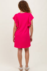 Fuchsia Ribbed Ruffle Sleeve Dress