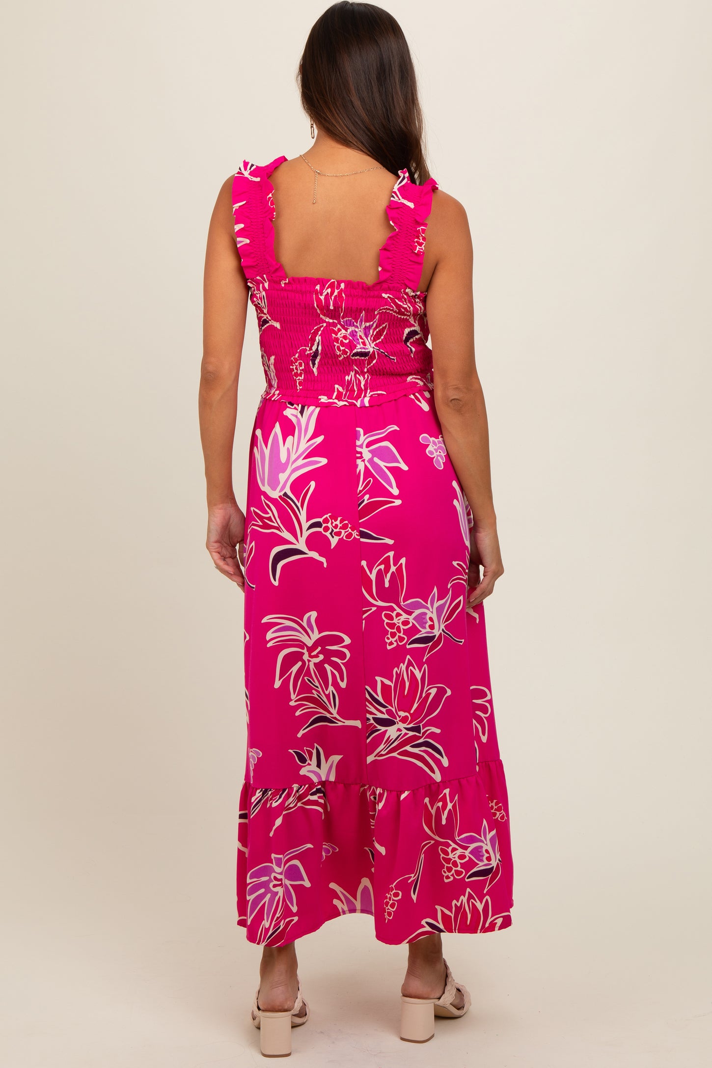 Fuchsia Floral Smocked Maternity Midi Dress