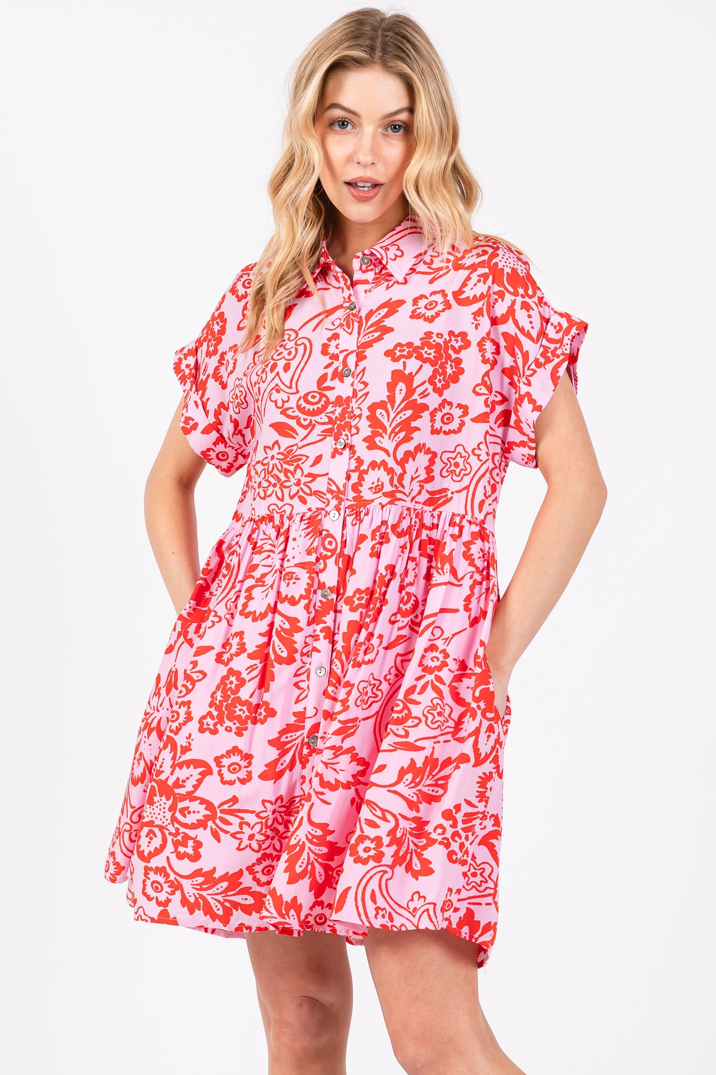 Red Floral Button Front Collared Maternity Dress