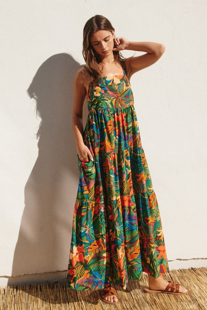 Forest Green Tropical Print Tiered Maxi Dress