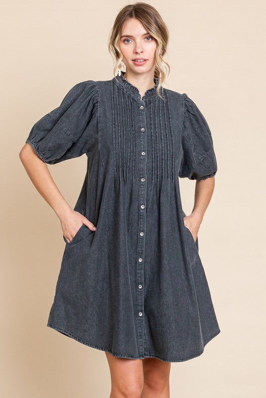 Black Button Down Puff Sleeve Maternity Dress