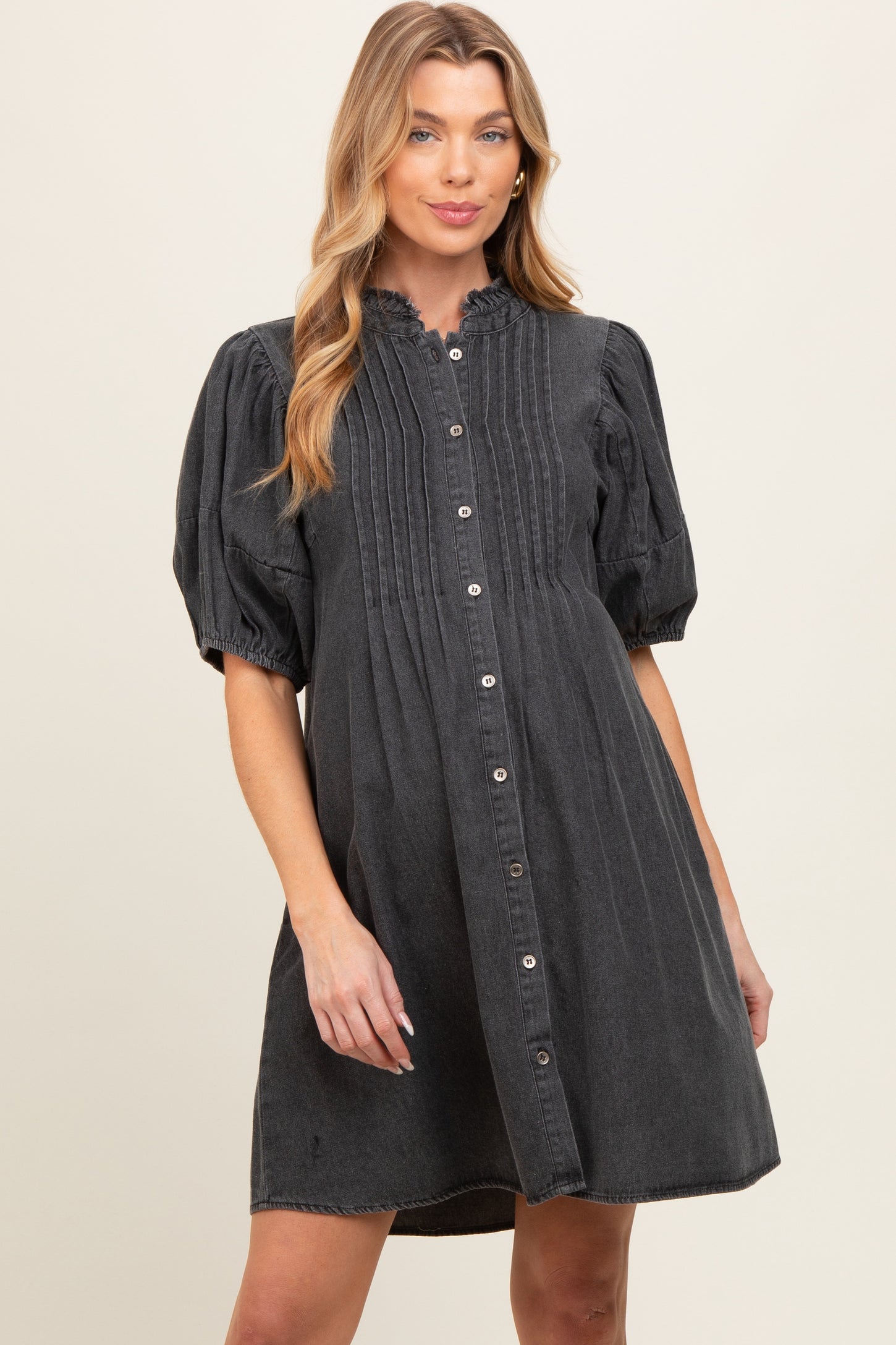 Black Button Down Puff Sleeve Maternity Dress