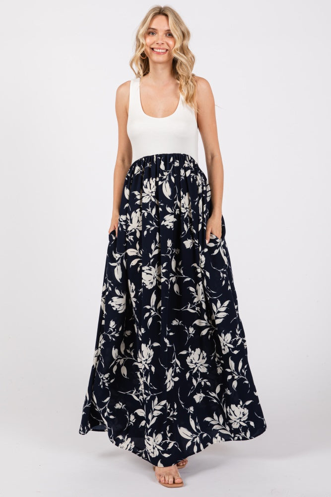 Navy Colorblock Floral Maternity Maxi Dress