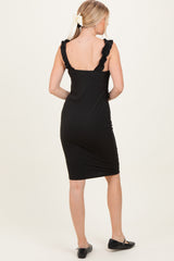 Black Ribbed Ruffle Strap Midi Dress