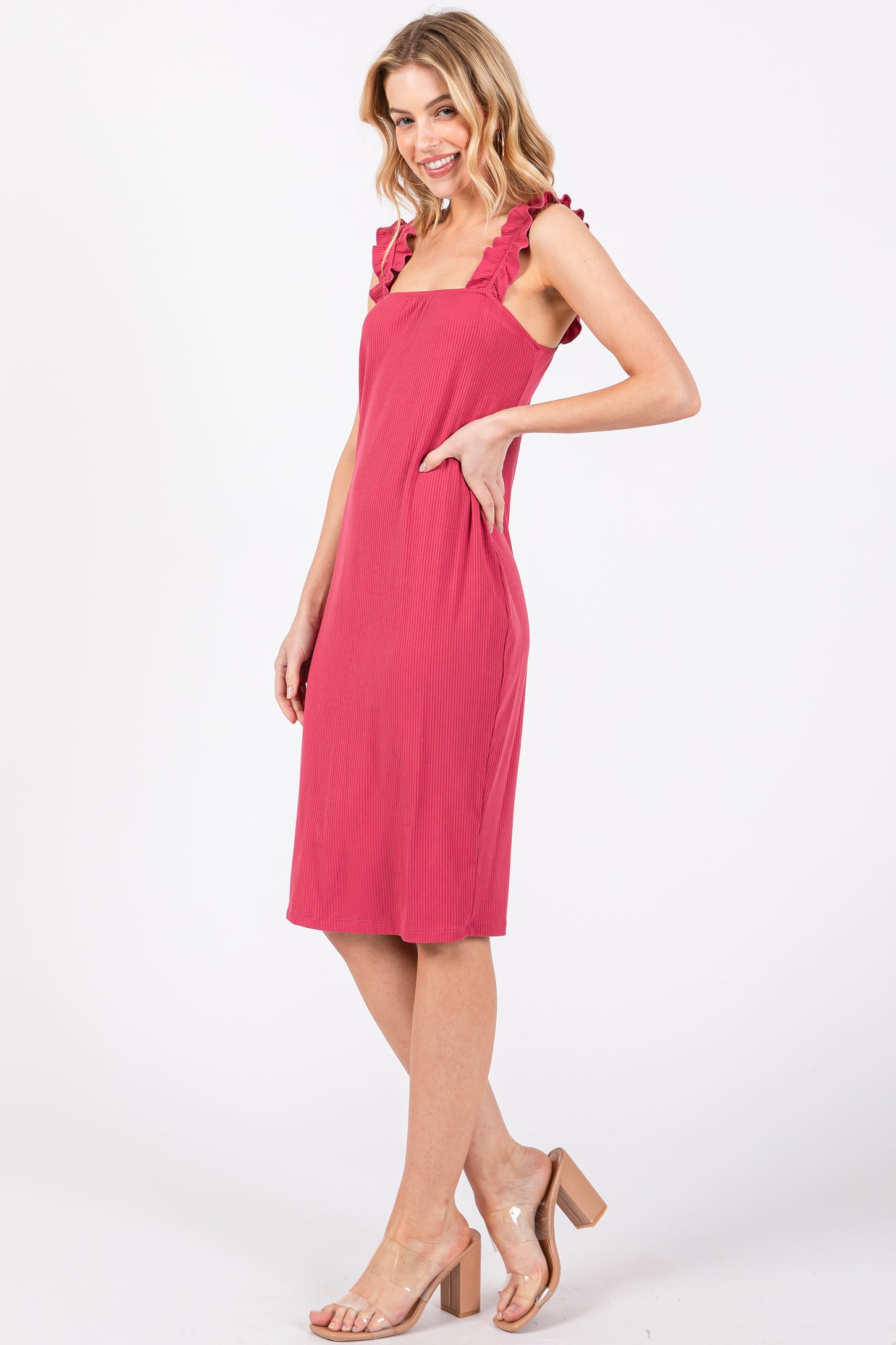 Magenta Ribbed Ruffle Strap Sleeveless Top