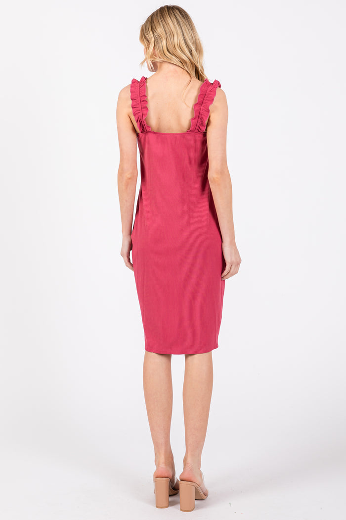 Magenta Ribbed Ruffle Strap Sleeveless Top
