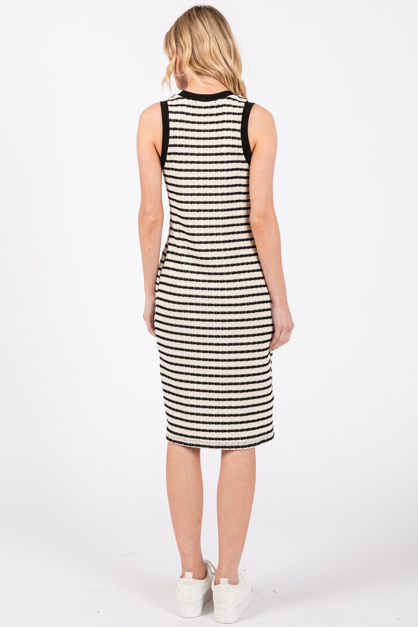 Cream Black Striped Sleeveless Fitted Knit Dress
