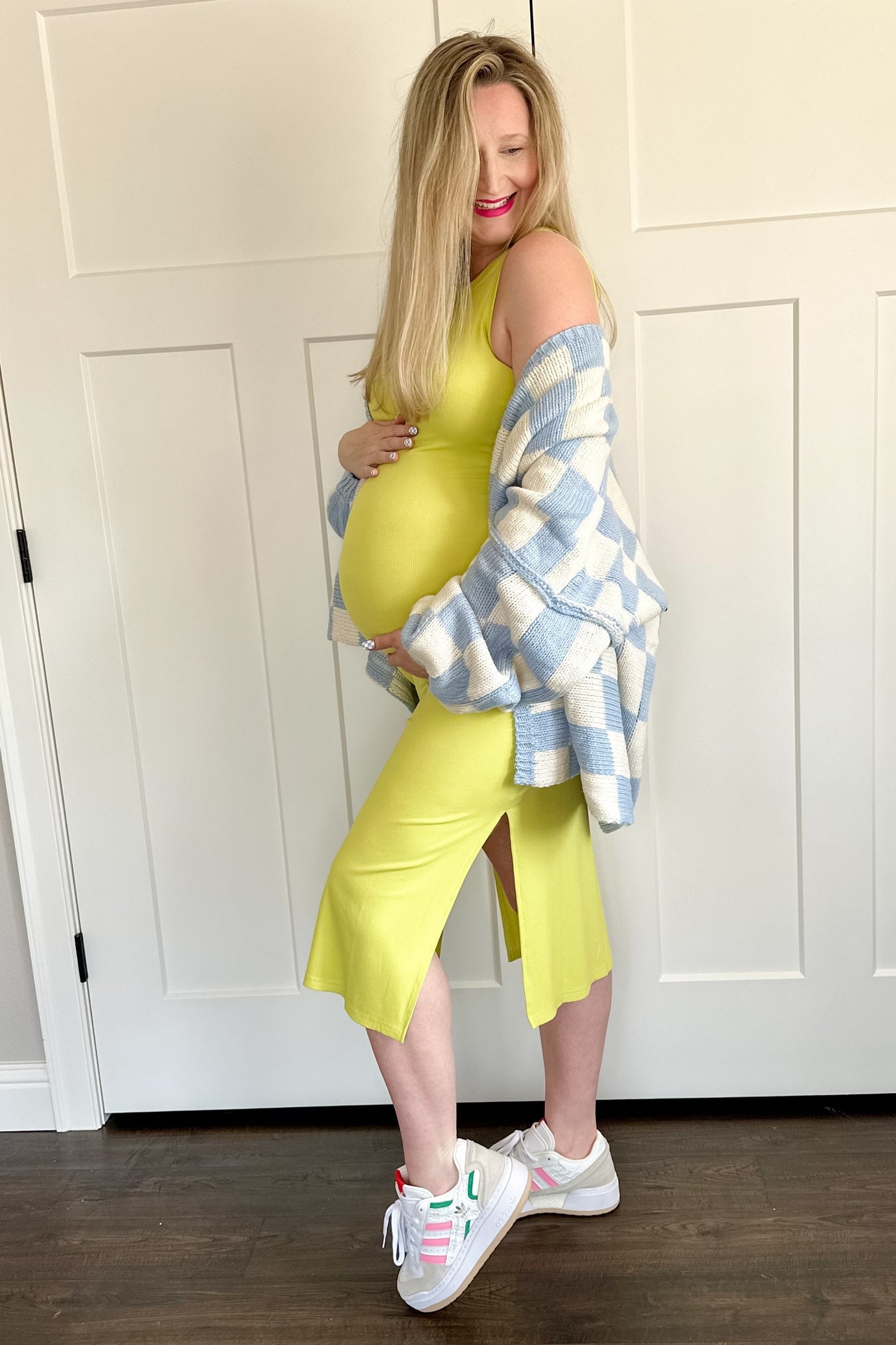 Yellow Ribbed Maternity Side Slit Tank Dress