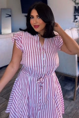 Berry Button-Down Stripe Flare Dress With Lining