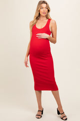 Red Fitted Knit Maternity Midi Dress