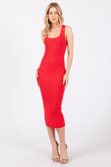Red Fitted Knit Maternity Midi Dress