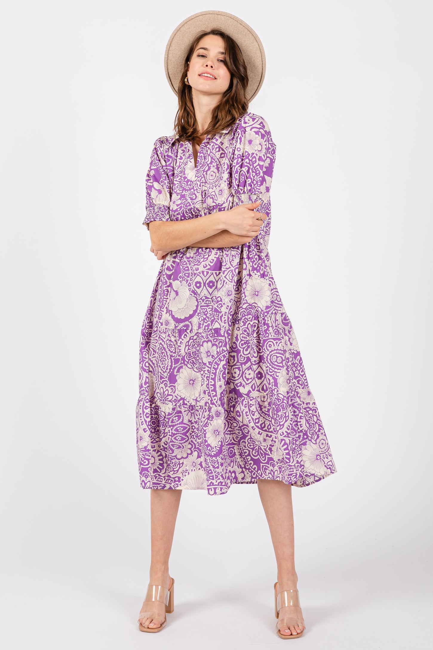Lavender Floral Collared Tiered Midi Dress