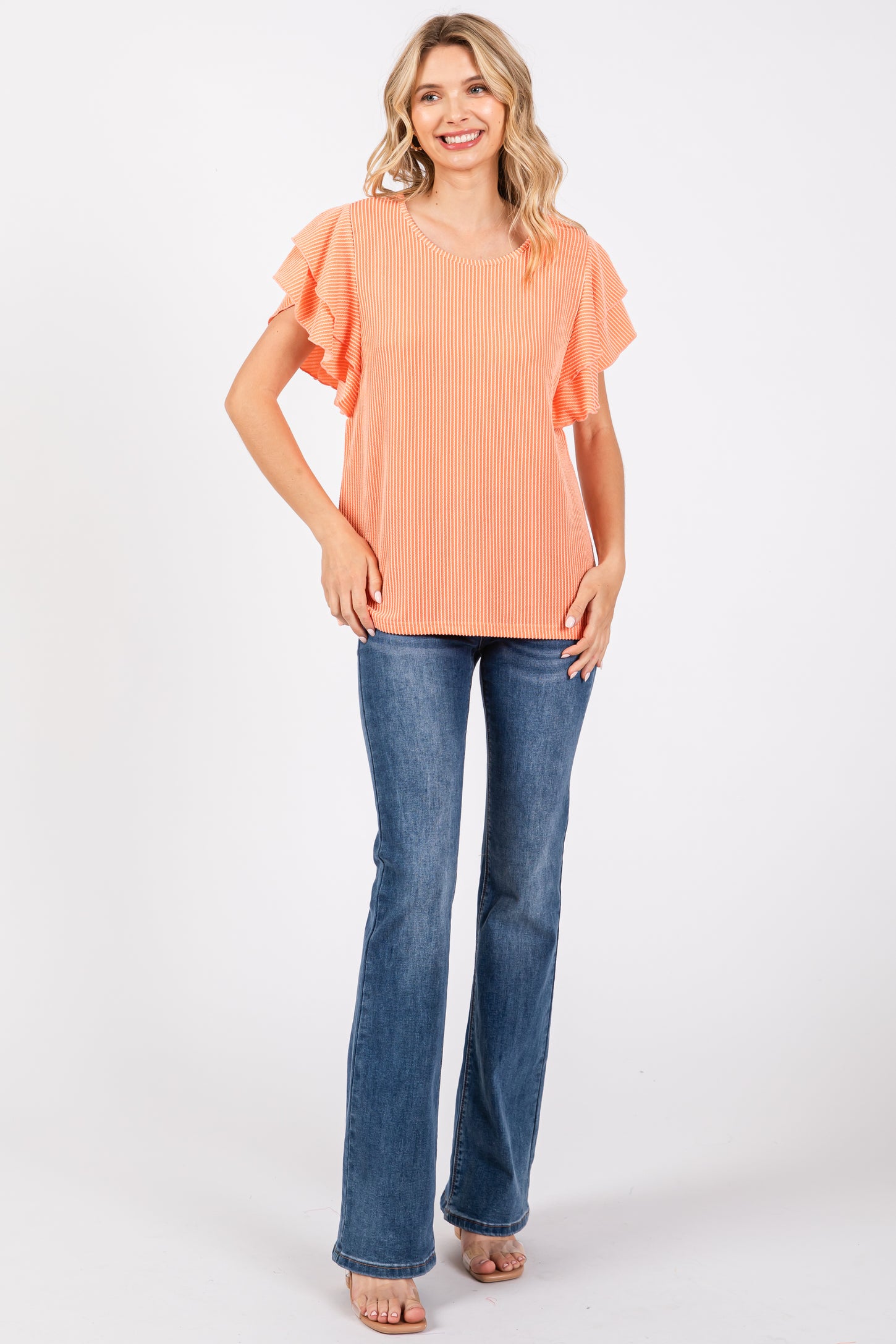 Orange Ruffle Sleeve Ribbed Top
