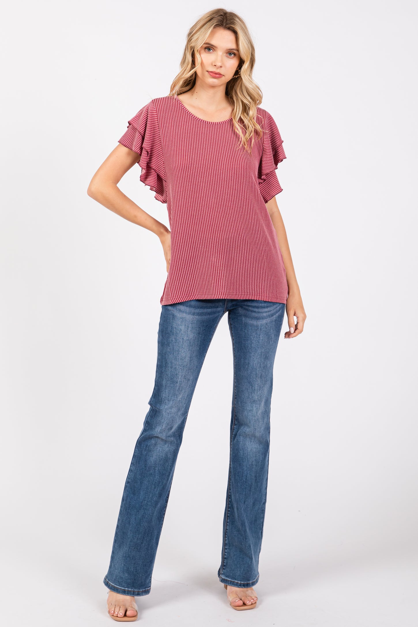 Burgundy Ruffle Sleeve Ribbed Top