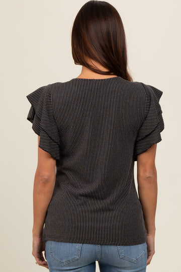 Charcoal Ruffle Sleeve Ribbed Maternity Top