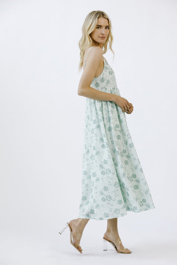 Mint Green Floral Eyelet V-Neck Midi Dress
