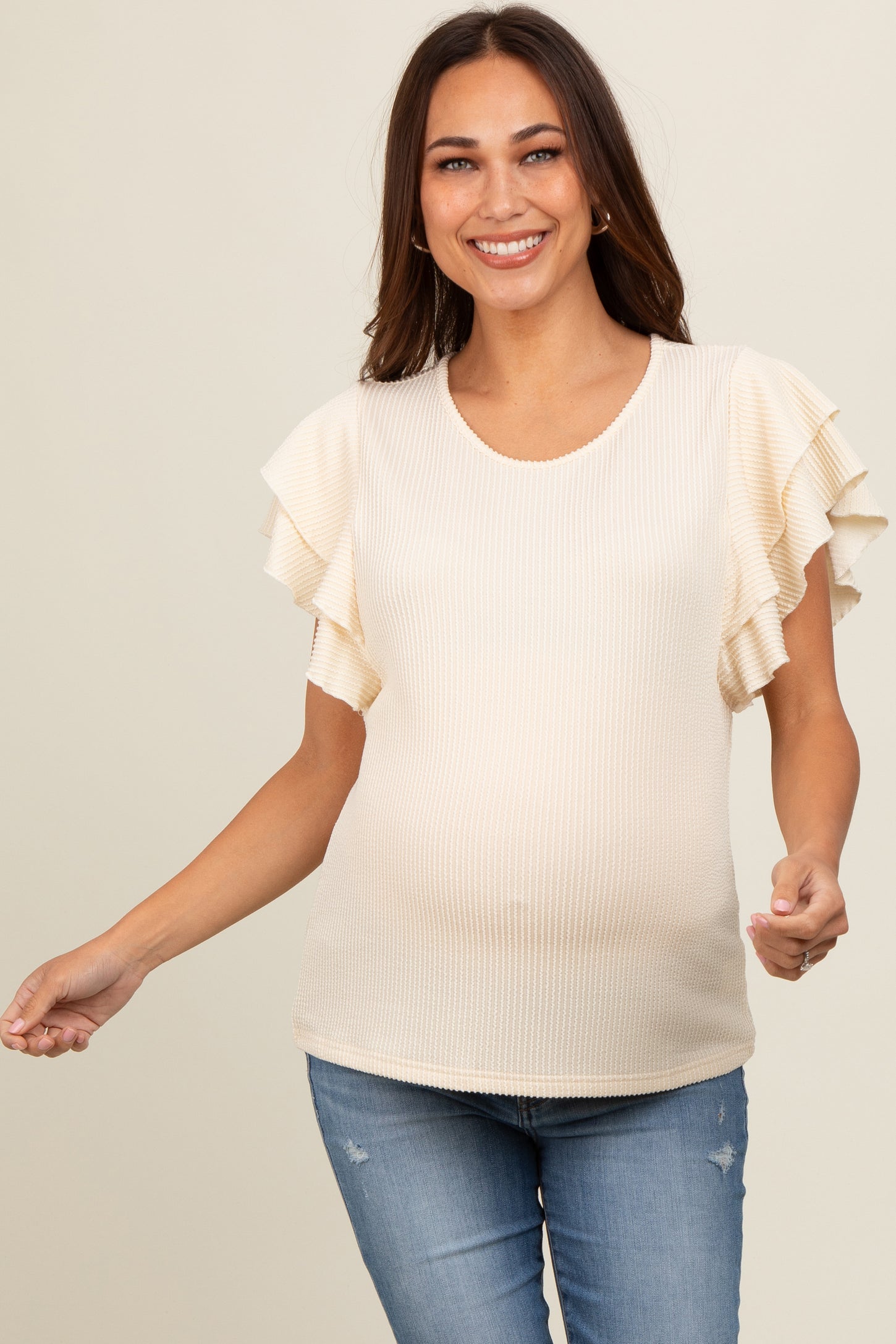 Cream Ruffle Sleeve Ribbed Maternity Top