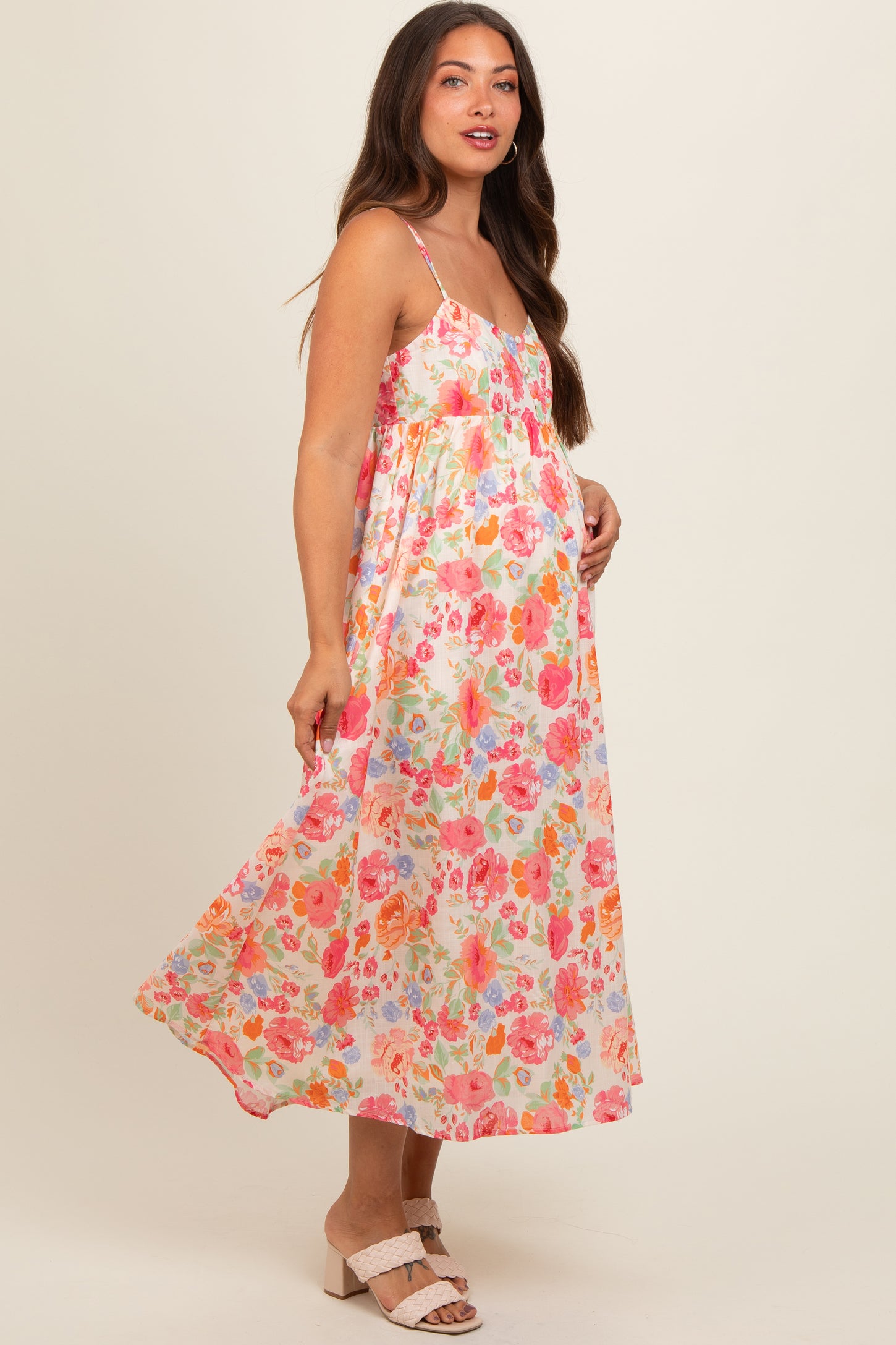 Multi Color Floral Button Front V-Neck Maternity Midi Dress
