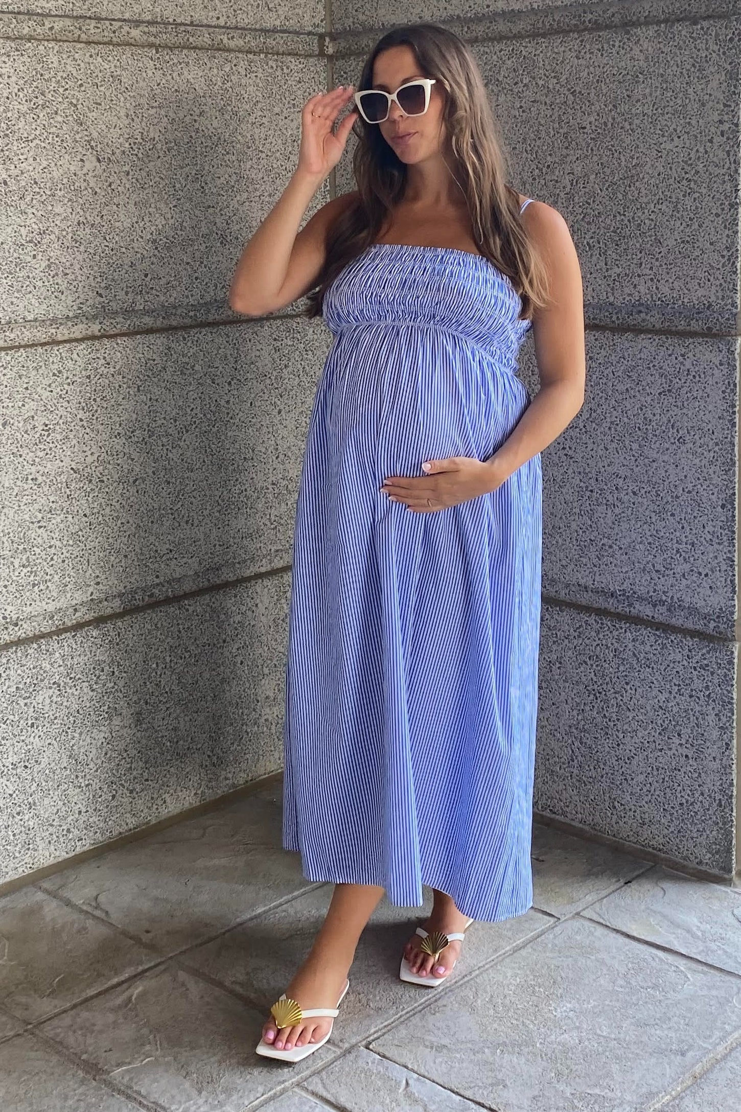 Blue Bartlett Striped Smocked Maternity Midi Dress