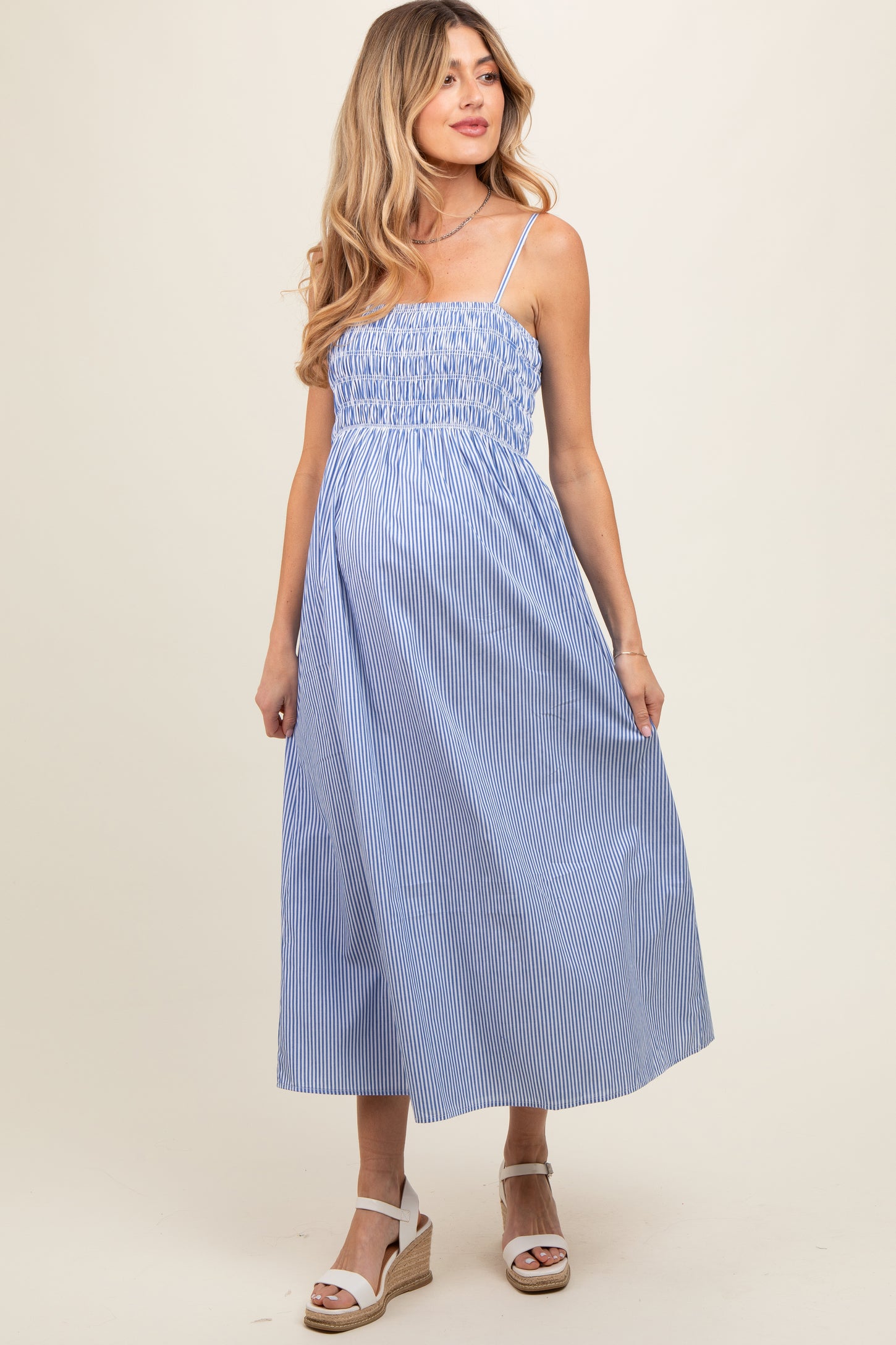 Blue Bartlett Striped Smocked Maternity Midi Dress