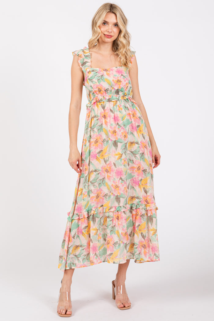 Ivory Watercolor Floral Ruffle Accent Maternity Midi Dress