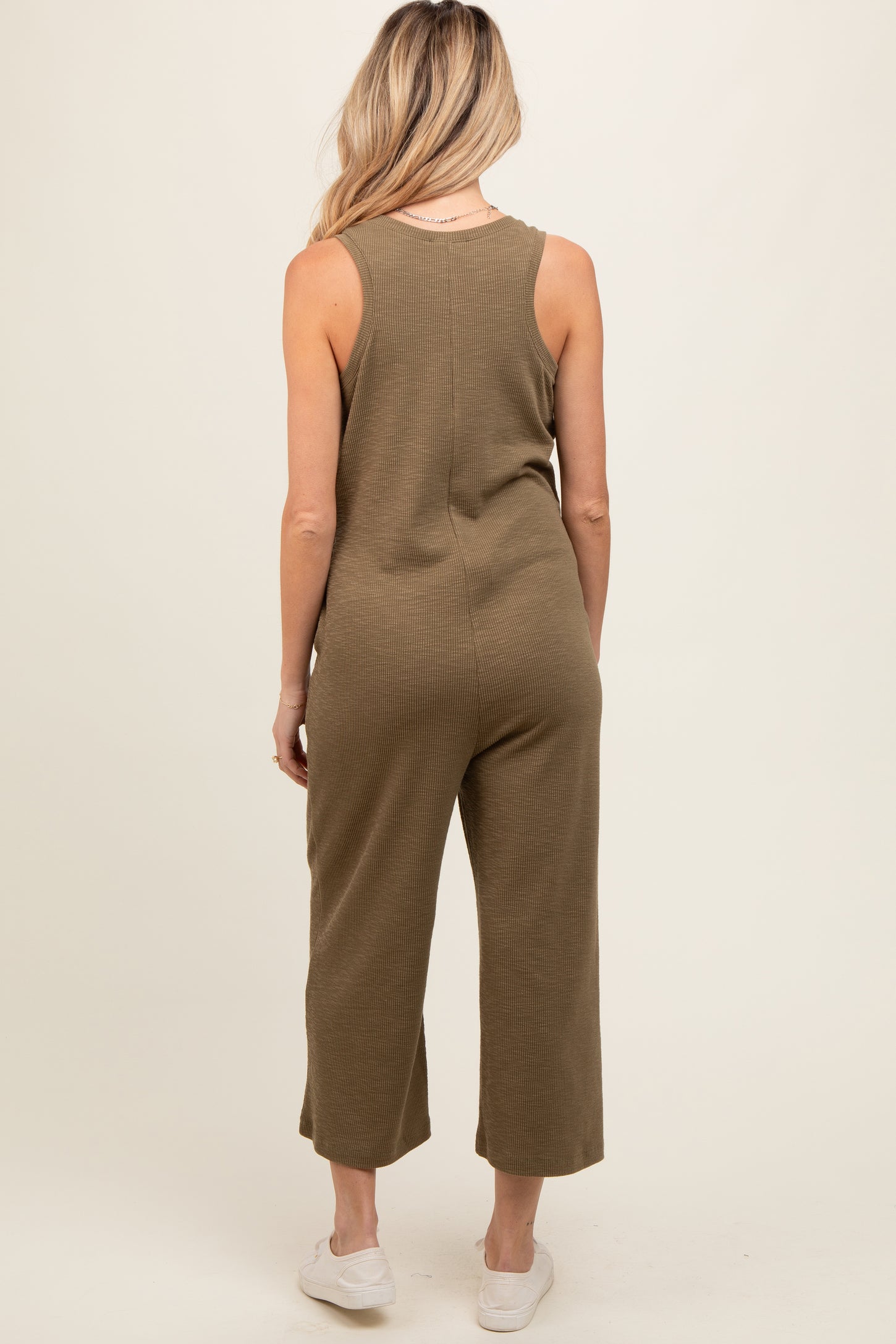 Olive Ribbed Button Front Sleeveless Maternity Jumpsuit