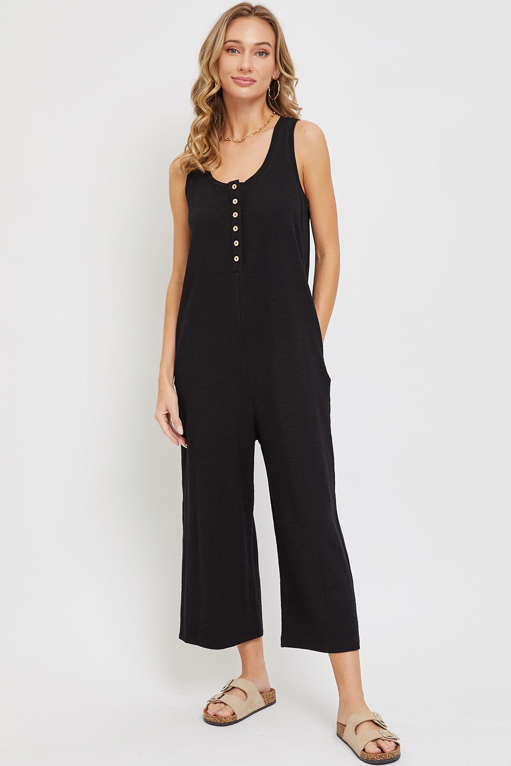 Black Ribbed Button Front Sleeveless Maternity Jumpsuit