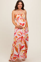Pink Abstract Print Halter Maternity Maxi Dress