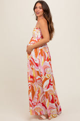 Pink Abstract Print Halter Maternity Maxi Dress