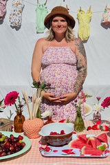 Lavender Floral Smocked Halter Flowy Maternity Maxi Dress