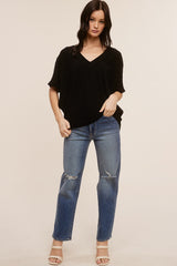 Black V-Neck Crepe Knit Top