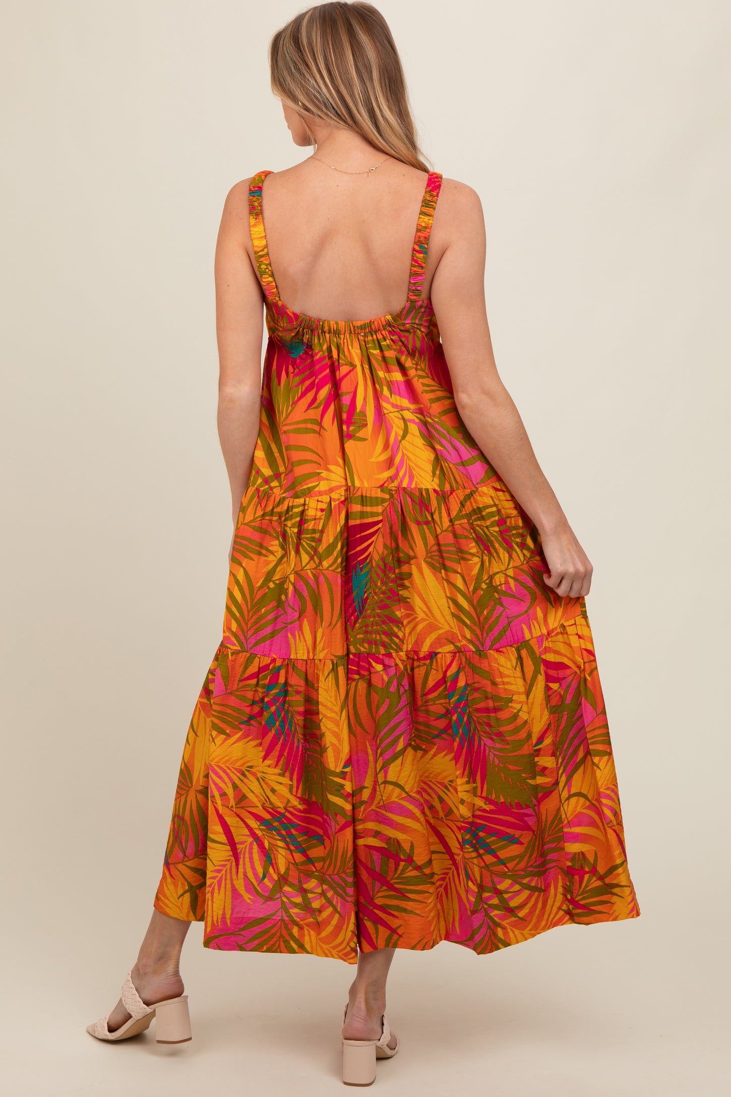 Orange Tropical Tiered Maternity Maxi Dress