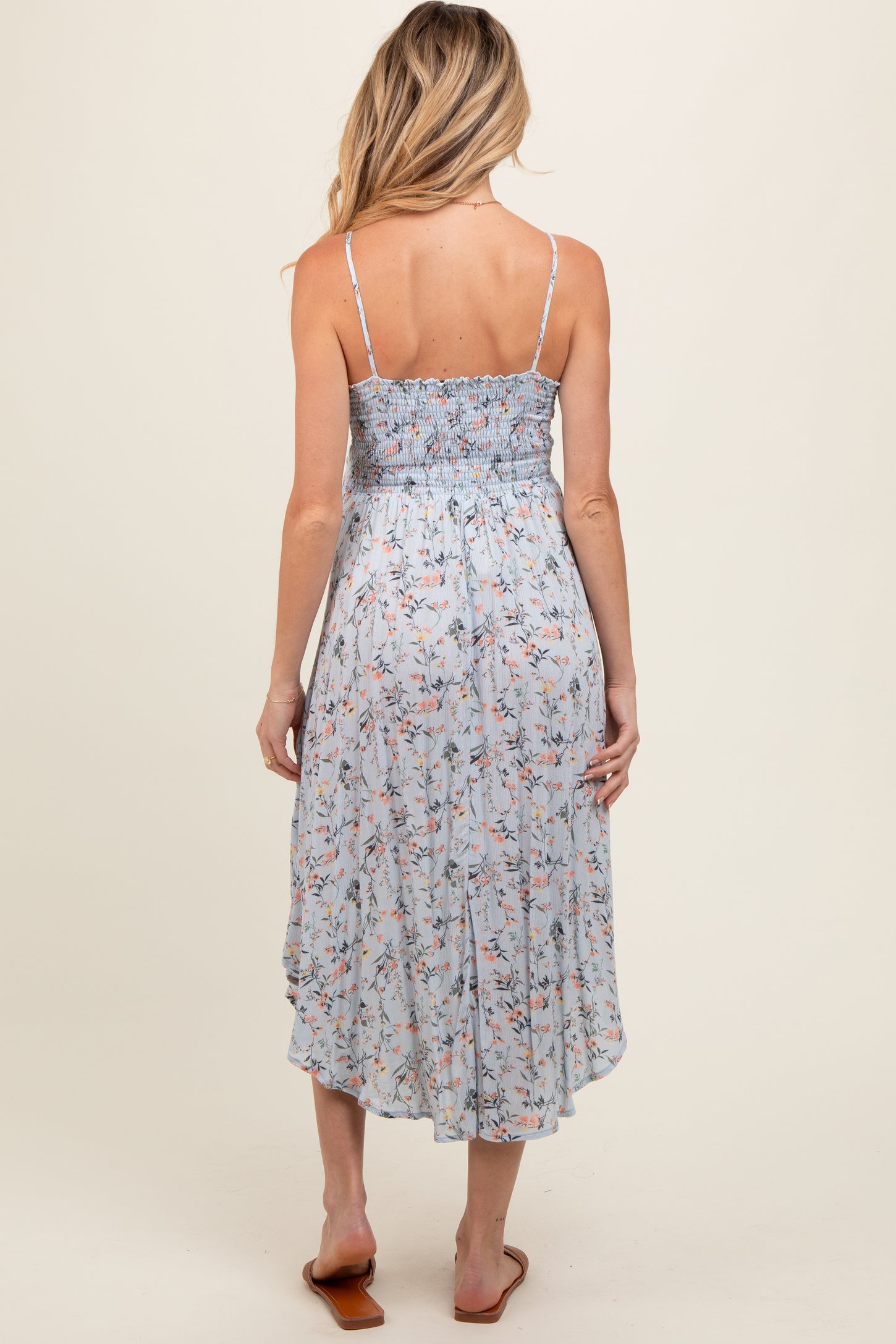 Light Blue Floral Cinched Tie Bust Maternity Midi Dress