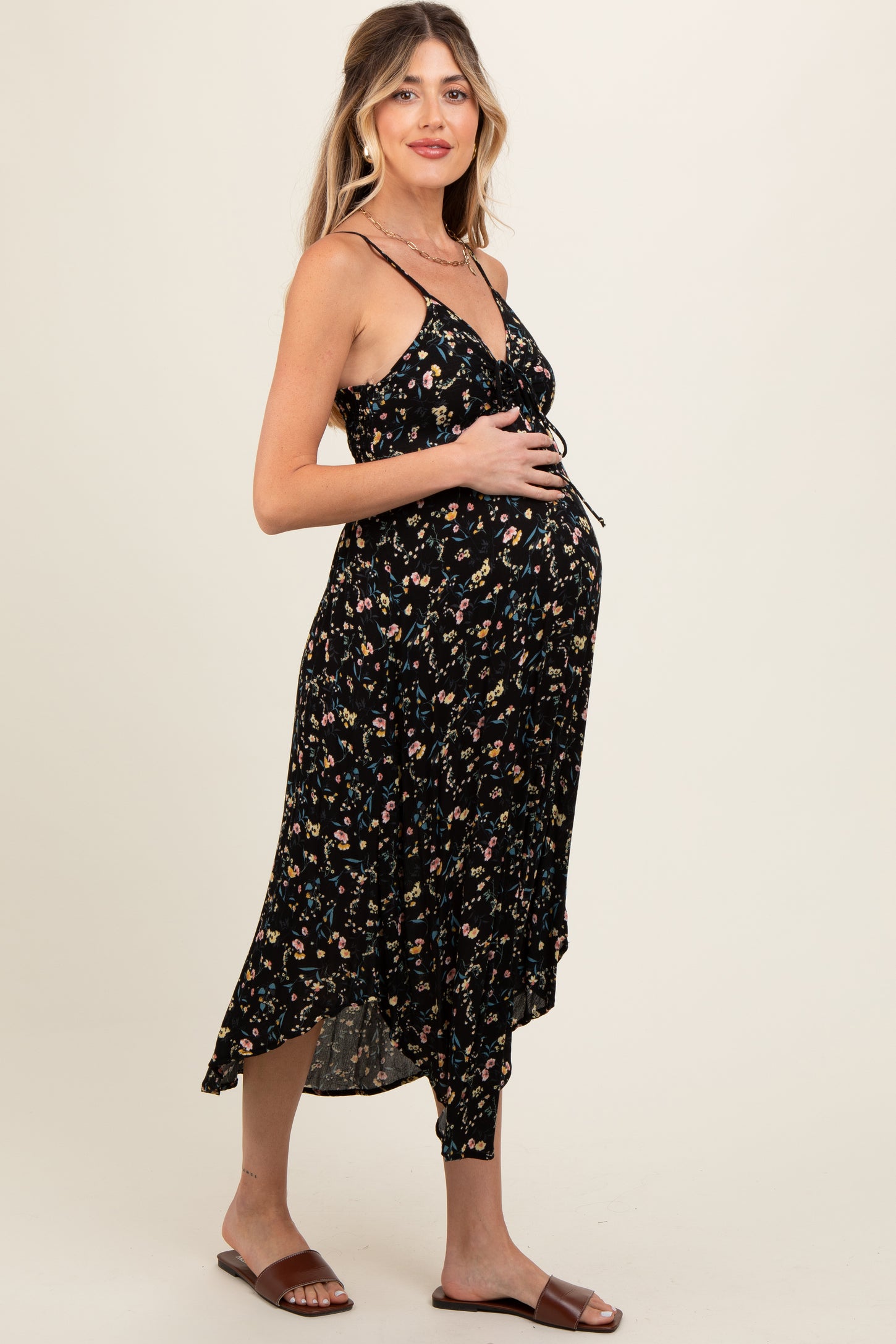 Black Floral Cinched Tie Bust Maternity Midi Dress