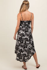 Black Tropical Floral Front Tie Maternity Midi Dress