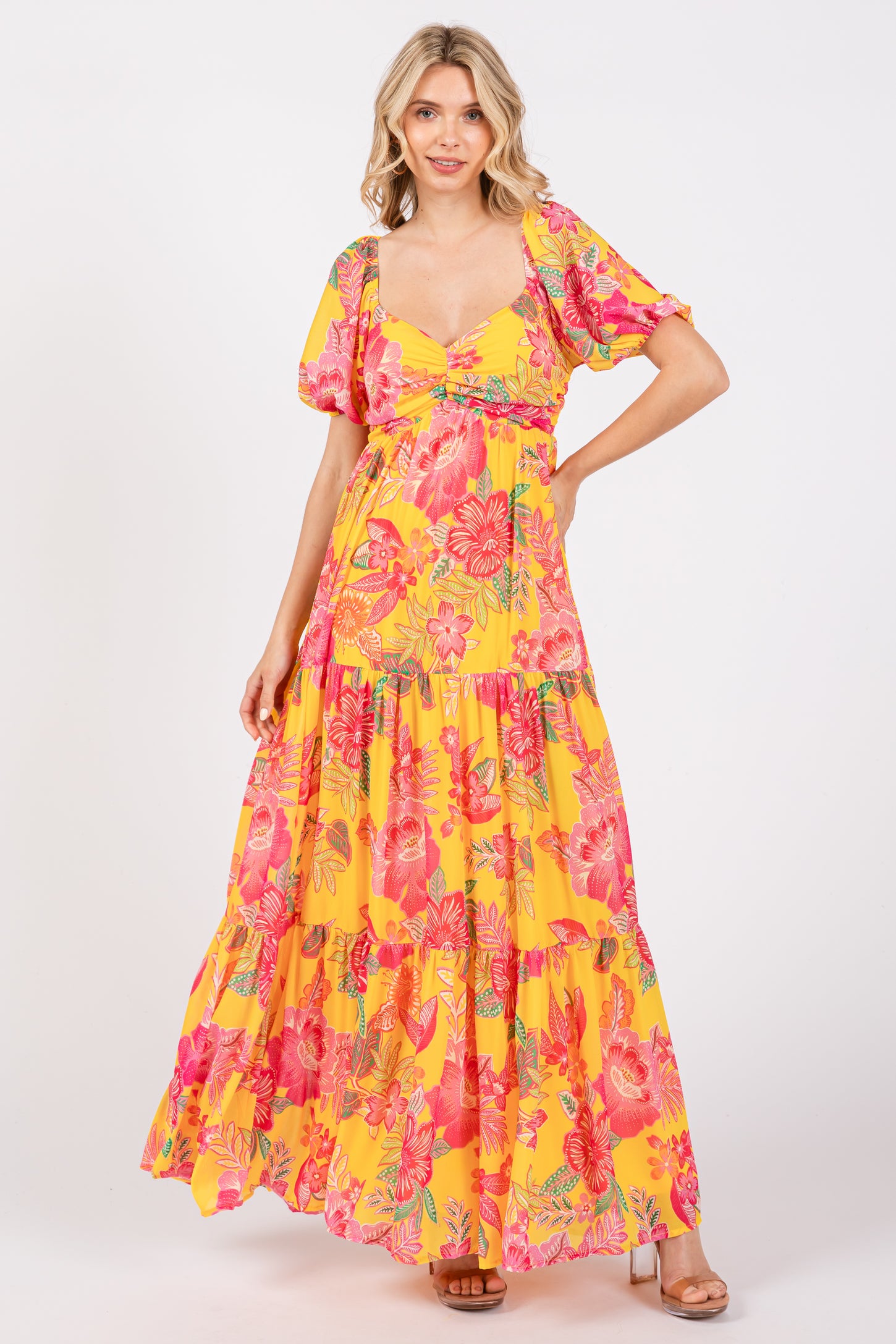Yellow Floral Sweetheart Neck Tiered Maternity Maxi Dress