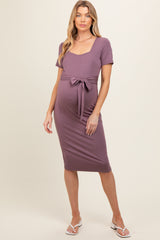 Purple Square Neck Belted Maternity Midi Dress
