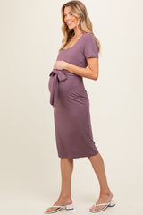 Purple Square Neck Belted Maternity Midi Dress