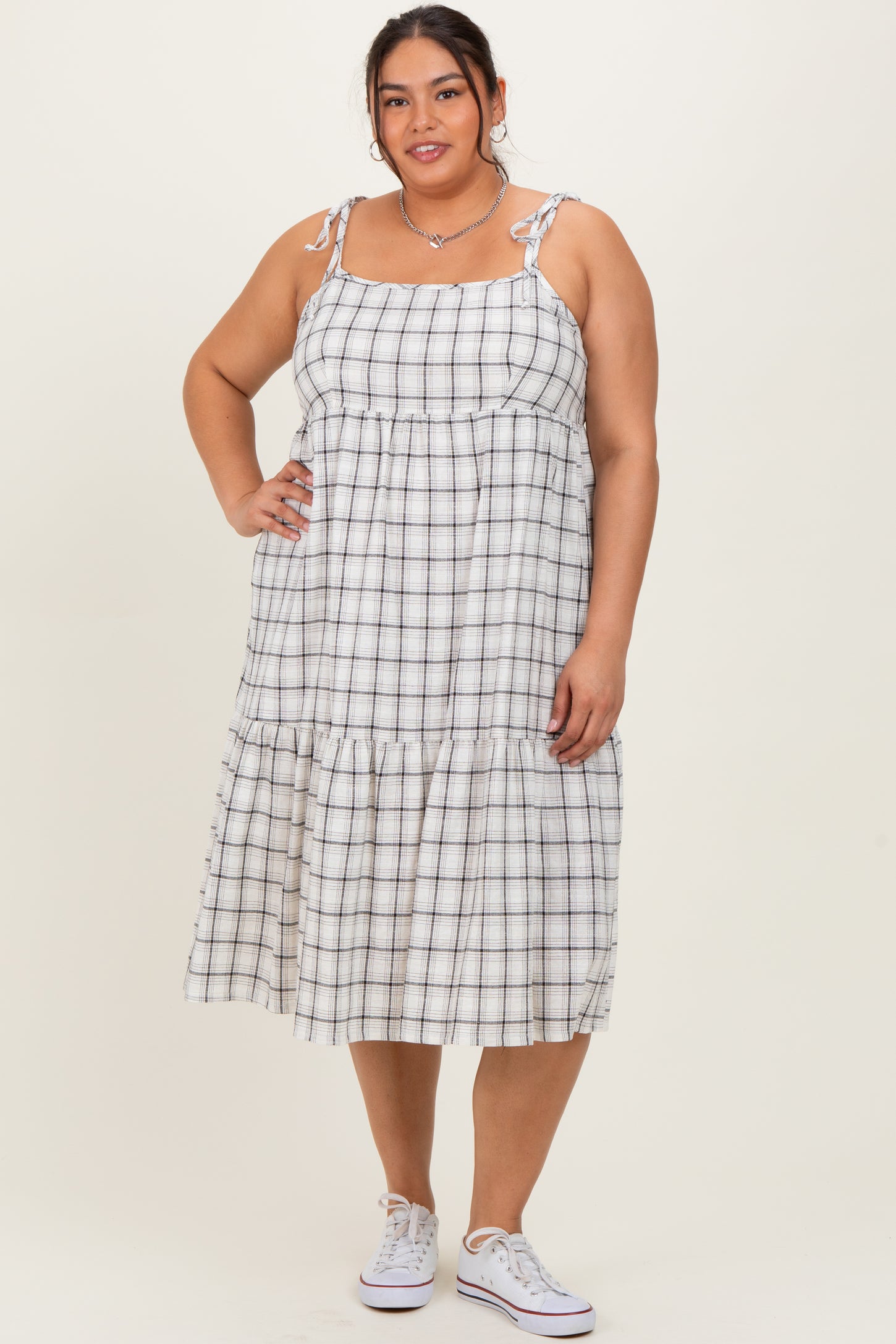 Ivory Plaid Shoulder Tie Plus Midi Dress