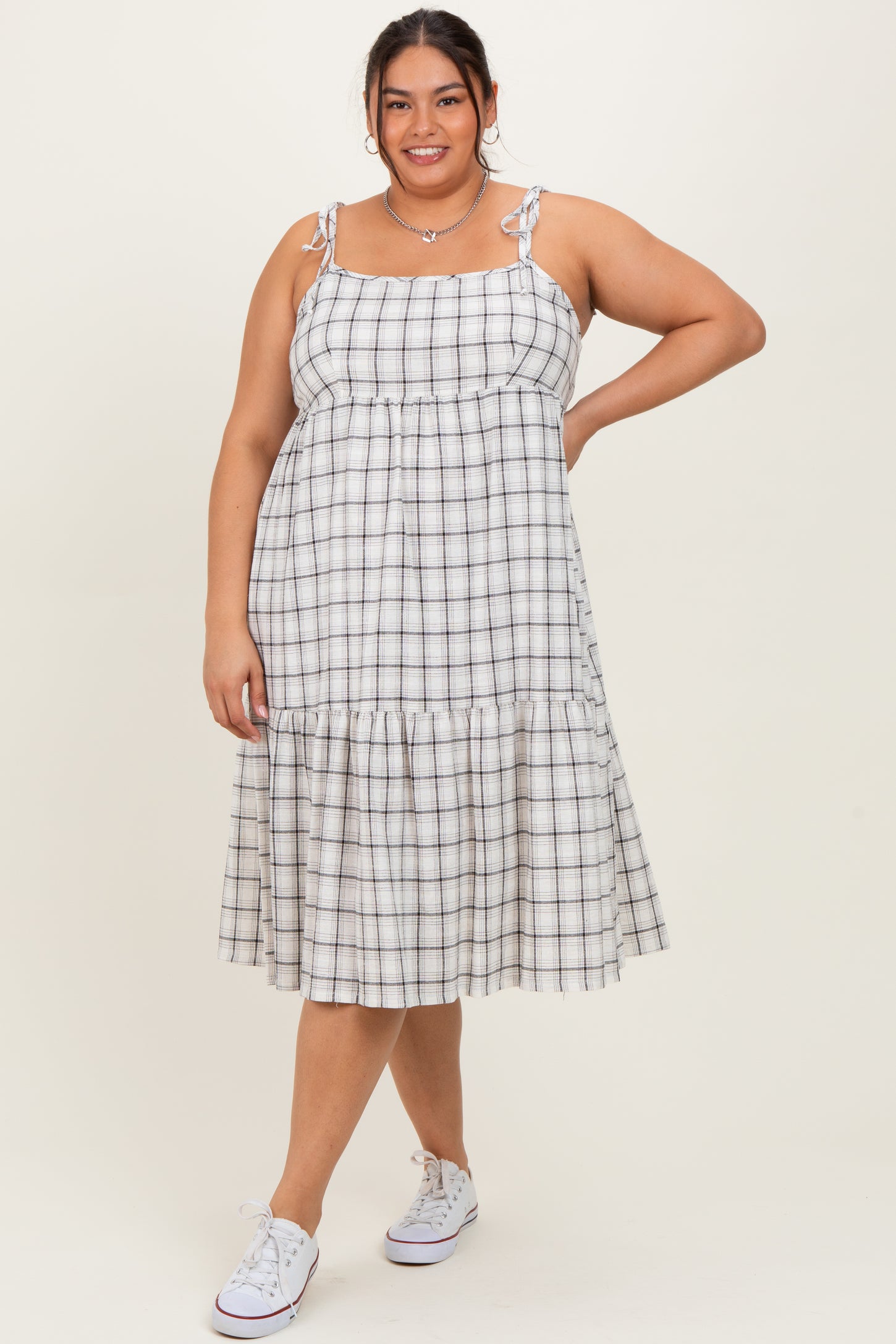 Ivory Plaid Shoulder Tie Plus Midi Dress