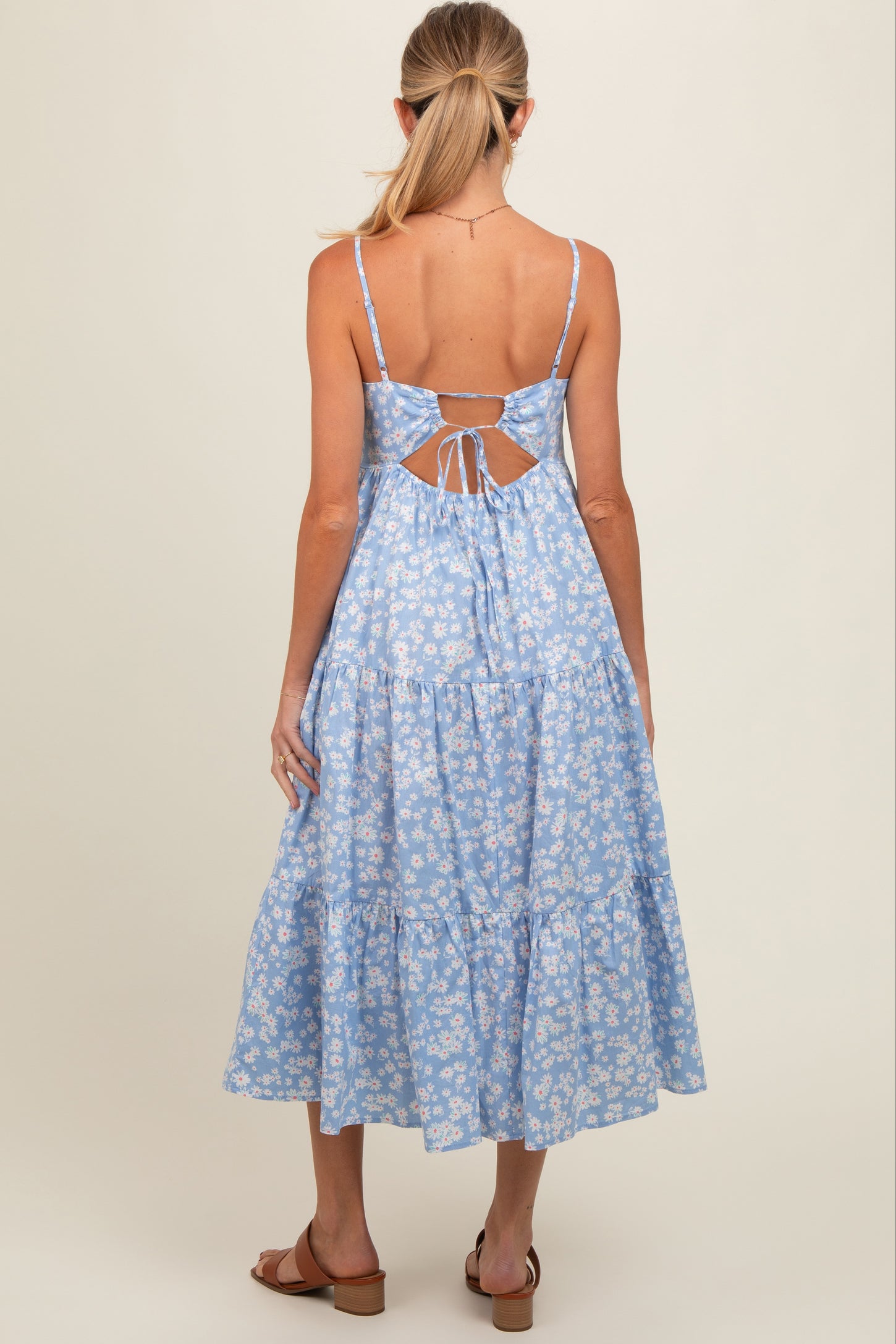 Light Blue Floral Cutout Tie Back Maternity Midi Dress