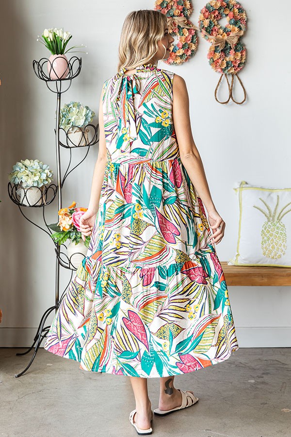 Cream Floral Ruffle Mock Neck Tiered Midi Dress