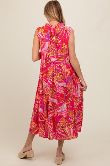 Fuchsia Floral Ruffle Mock Neck Tiered Maternity Midi Dress