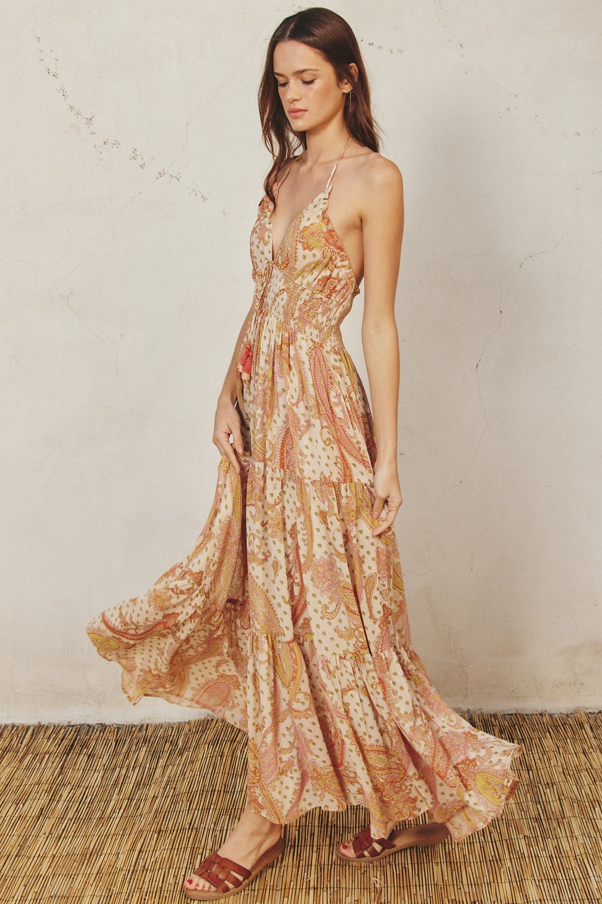 paisley print halter dress Paisley Print Halter Neck Mini Dress Orange / XXL