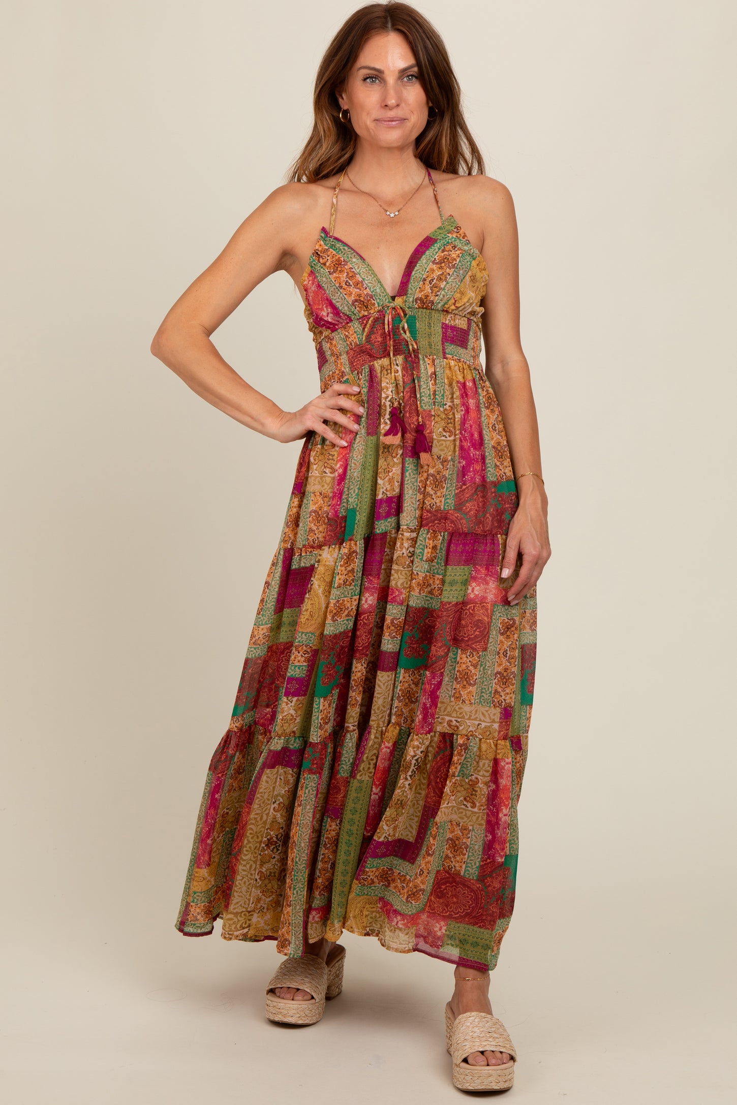 Olive Patchwork Print Halter Maxi Dress