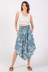 Blue Floral Smocked Waist Round Hem Maternity Midi Skirt