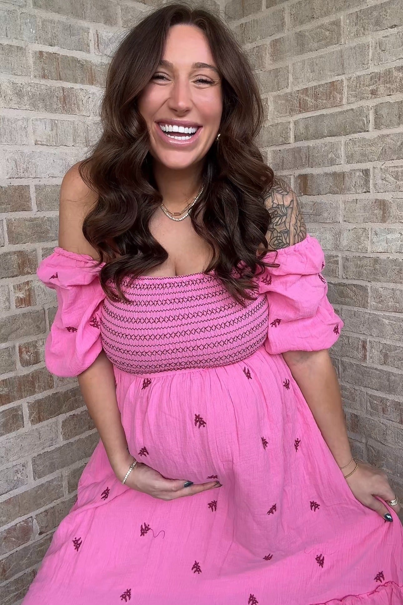 Pink Gauze Smocked Embroidered Square Neck Maternity Midi Dress