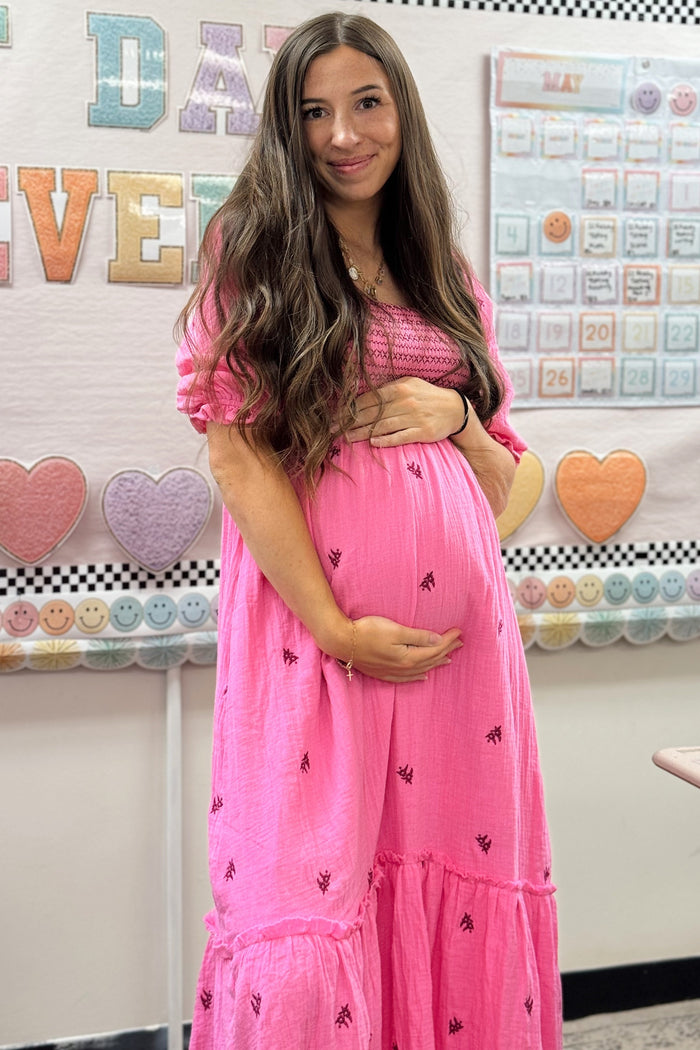 Pink Gauze Smocked Embroidered Square Neck Maternity Midi Dress
