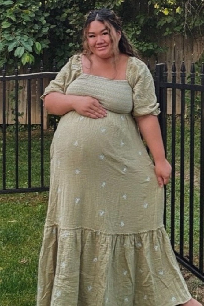 Light Olive Gauze Smocked Embroidered Square Neck Maternity Midi Dress