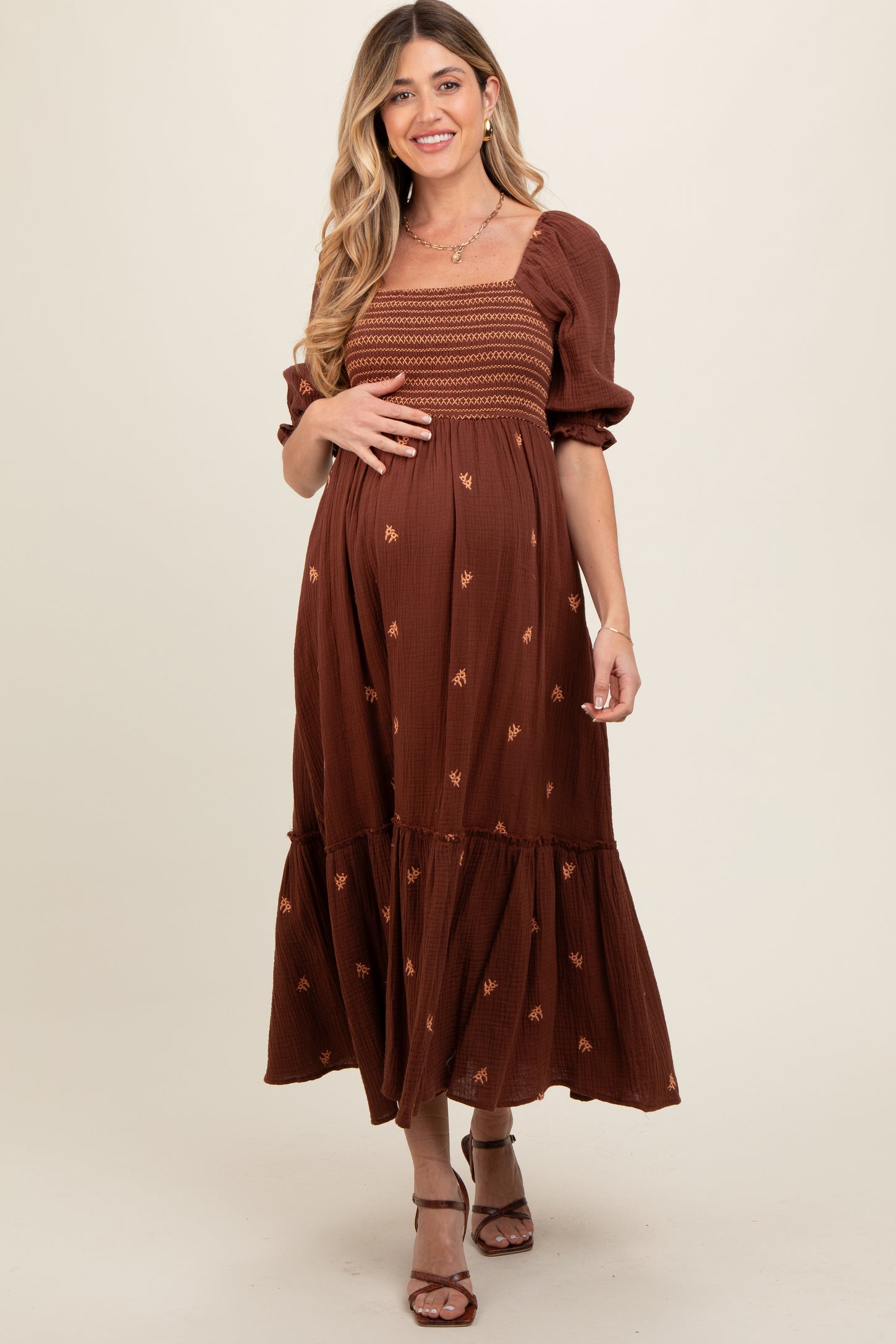 Brown Gauze Smocked Embroidered Square Neck Maternity Midi Dress PinkBlush Brown Gauze Smocked Embroidered Square Neck Maternity Midi Dress PinkBlush